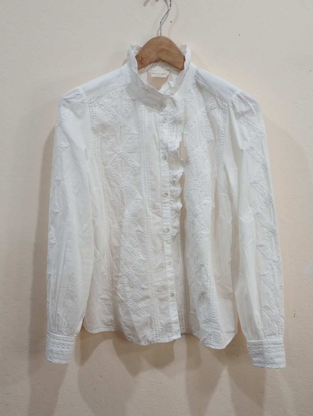 Sezane White Cotton Lace Blouse, Size 40, US Size 8